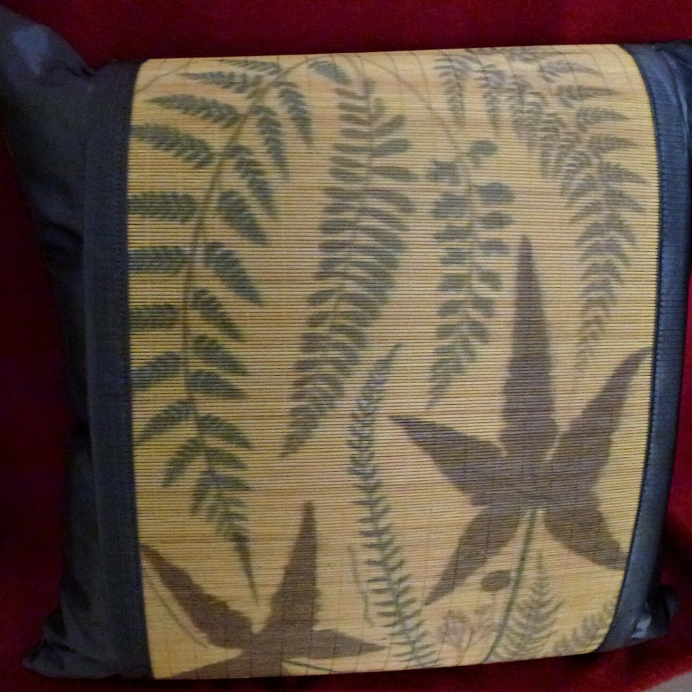 Bountiful Satin Bamboo Gray Tan Botanical Fern Throw Pillow New